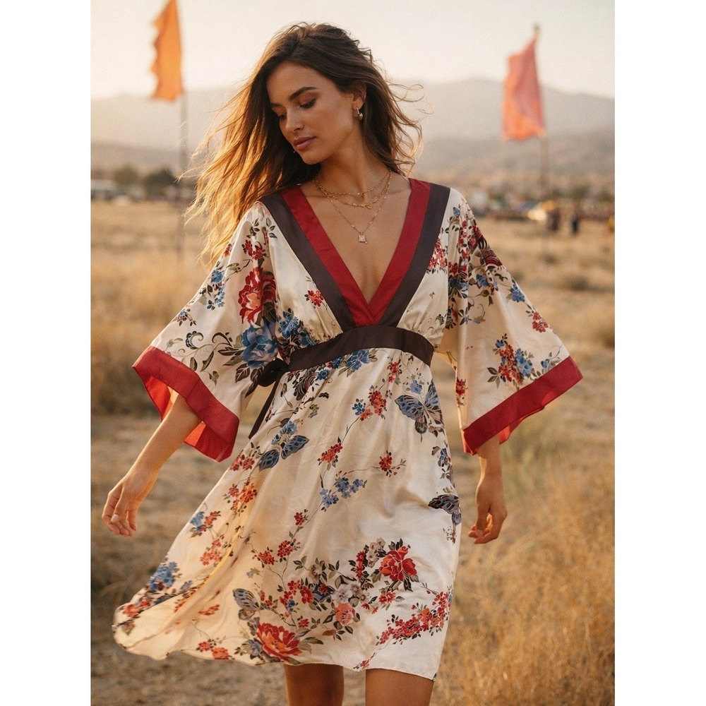 Vintage La Belle Floral Butterfly Dress Babydoll Kimono Boho USA Silky Y2K 90s